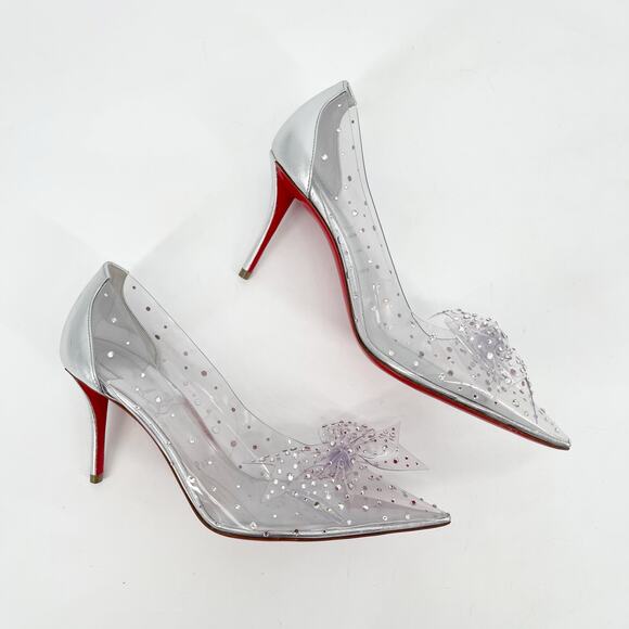 Christian Louboutin Jelly Strass 80 Silver Crystal Bow PVC Pointed Toe Pumps 37 - Picture 3 of 10